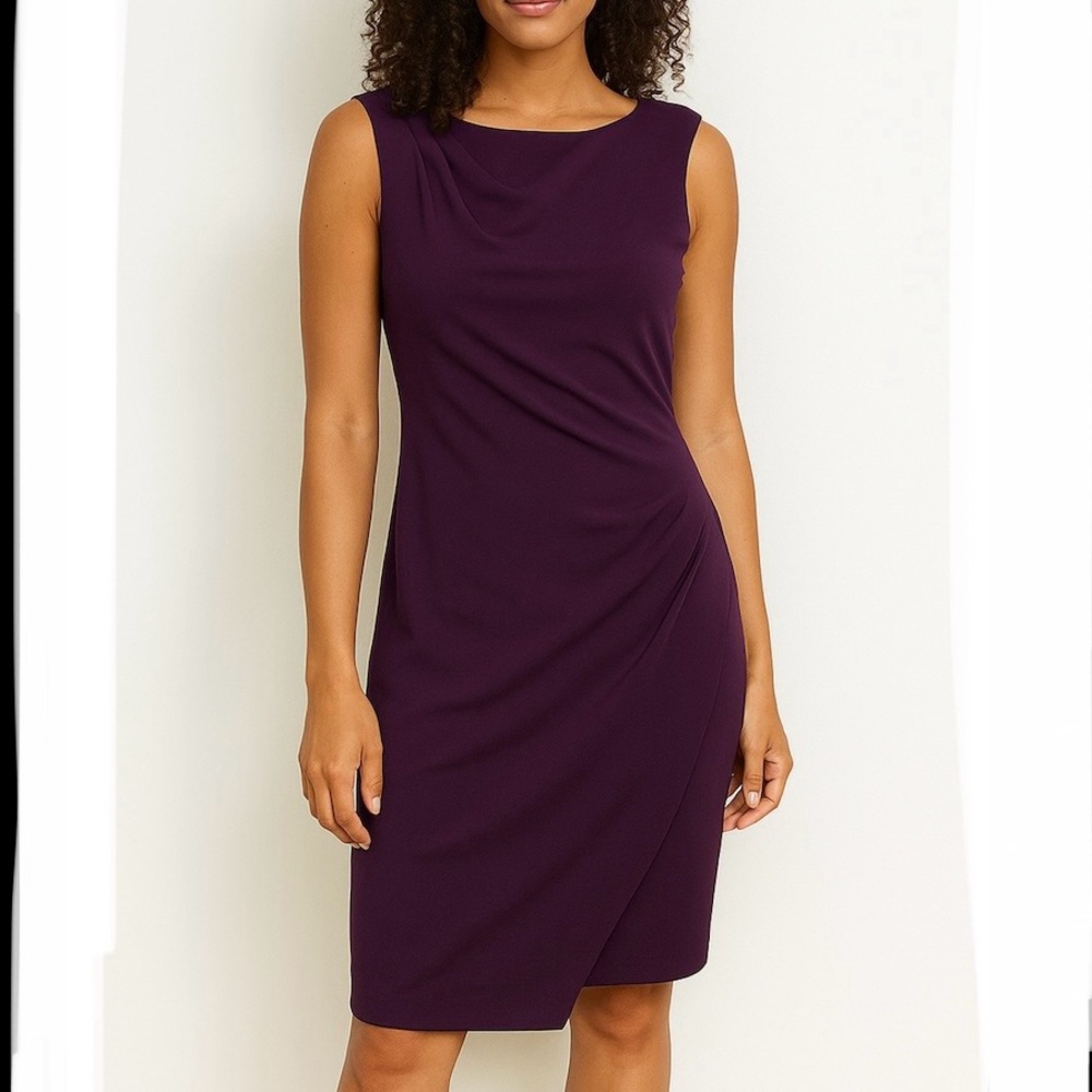 Calvin Klein Purple Ruched Faux Wrap Stretch Crepe Sleeveless Dress Size 8‎
